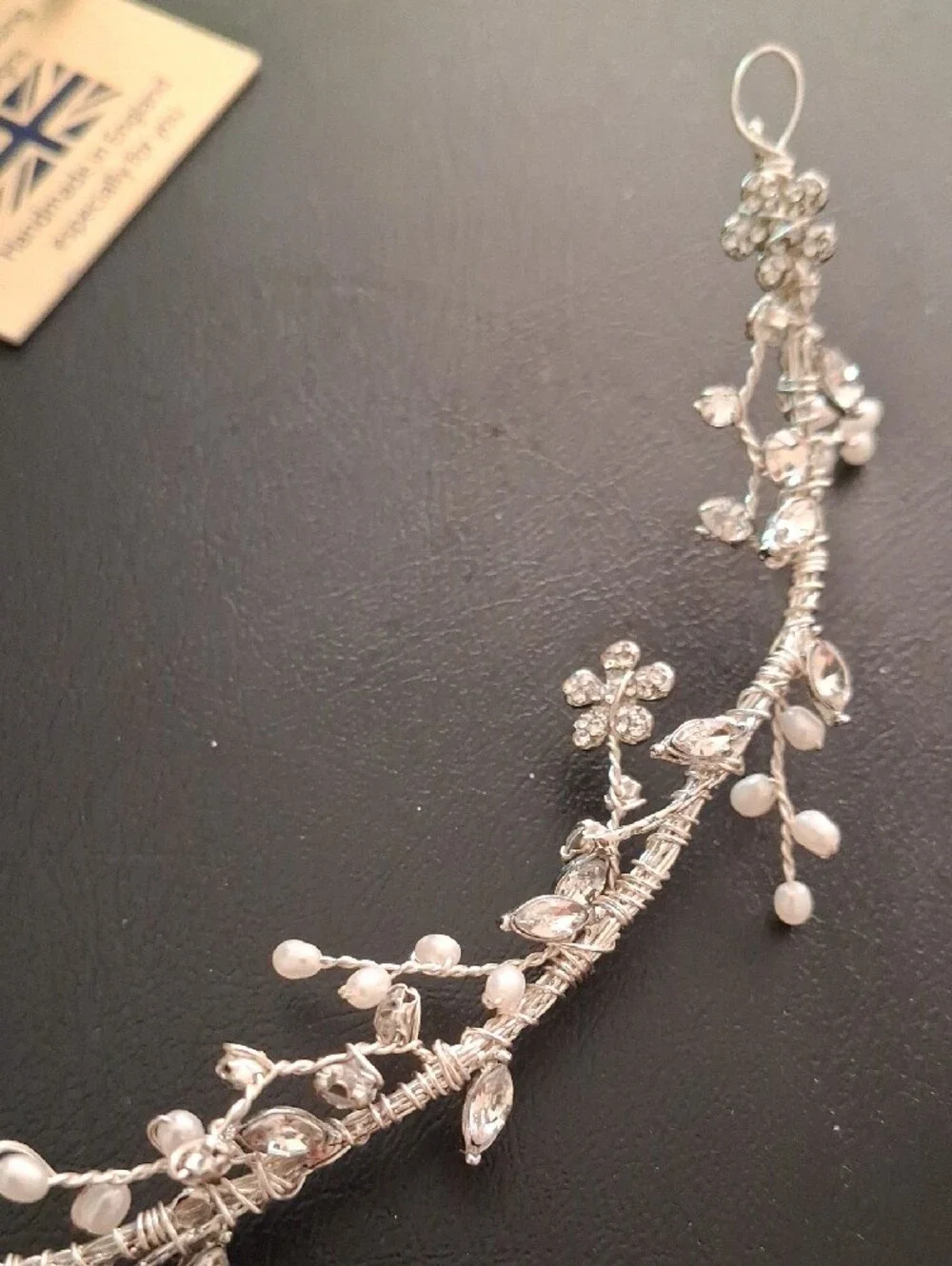 Handcrafted Silver Hair Vine with White Pearls and Crystals